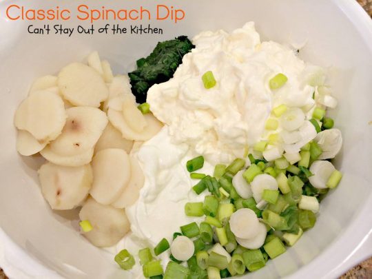 Classic Spinach Dip | Can't Stay Out of the Kitchen | Spectacular #spinachdip with #waterchestnuts, and #Knorrs #vegetablesoupmix. Great for #tailgating parties. #glutenfree #appetizer