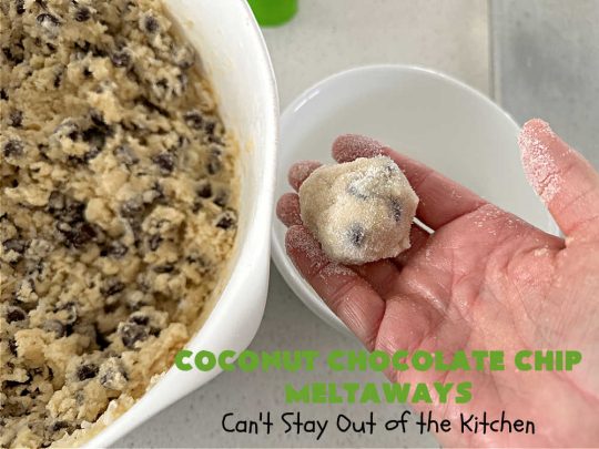 Coconut Chocolate Chip Cookies | Can't Stay Out of the Kitchen | these #cookies are heavenly! Every bite is loaded with #coconut & #ChocolateChips which provides such a luscious, irresistible flavor you won't be able to stop eating them! This scrumptious, drool-worthy #dessert is terrific for #tailgating parties, potlucks or #holiday parties. #chocolate #ChocolateDessert #CoconutDessert #CoconutChocolateChipMeltaways