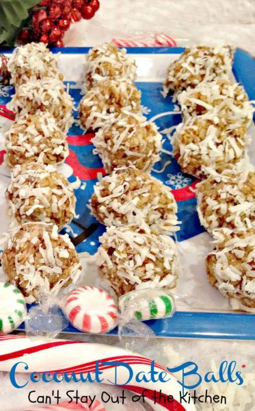 Coconut Date Balls | Can't Stay Out of the Kitchen | amazing #Christmas #cookie with #dates, #pecans and #ricekrispies rolled in #coconut. We make #dessert this every year! #glutenfree