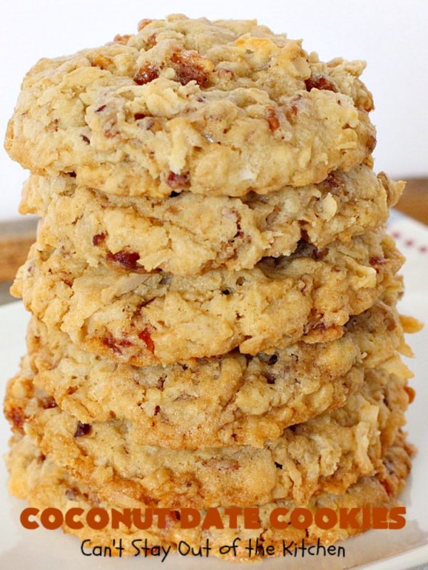 Coconut Date Cookies | Can't Stay Out of the Kitchen | these amazing #oatmeal #cookies are filled with #pecans, #dates & #coconut. They're a wonderful snack for any occasion, including potlucks, #tailgating or backyard BBQs. #dessert #OatmealCookie #CoconutCookie #DateCookie #holiday #holidaybaking