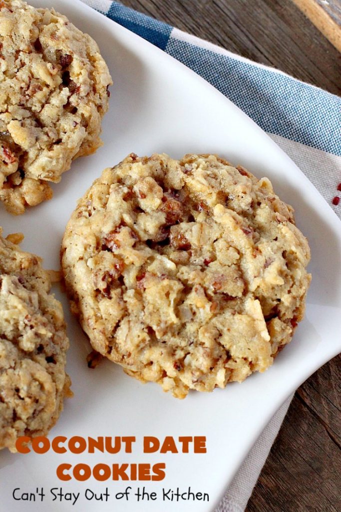 Coconut Date Cookies | Can't Stay Out of the Kitchen | these amazing #oatmeal #cookies are filled with #pecans, #dates & #coconut. They're a wonderful snack for any occasion, including potlucks, #tailgating or backyard BBQs. #dessert #OatmealCookie #CoconutCookie #DateCookie #holiday #holidaybaking