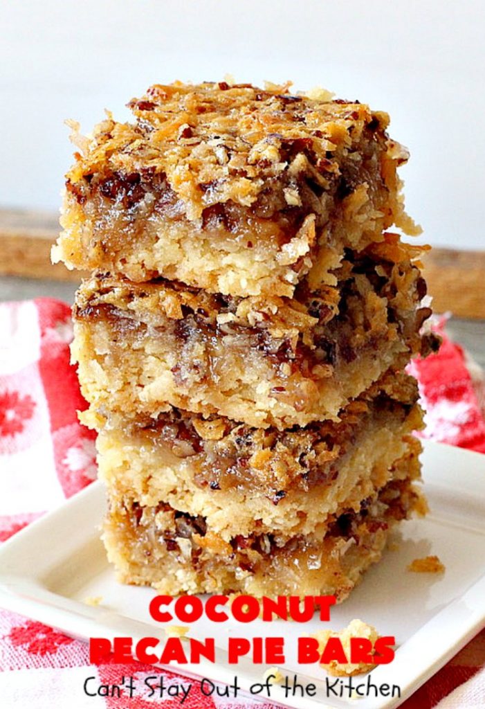 Coconut Pecan Pie Bars | Can't Stay Out of the Kitchen | these fantastic #brownies are rich, decadent and so mouthwatering you won't want to put them down! Like eating #pecanpie but with #coconut added. #dessert #cookies #pecans