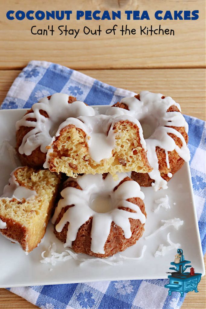 Coconut Pecan Tea Cakes | Can't Stay Out of the Kitchen | these adorable #TeaCakes are perfect for family get-togethers or #holiday #baking. If you enjoy #coconut and #pecans these miniature #Bundt #cakes will cure every sweet tooth craving. #cake #dessert #HolidayDessert #CoconutDessert #CoconutPecanTeaCakes