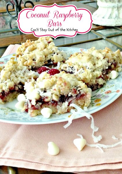 Coconut Raspberry Bars | Can't Stay Out of the Kitchen | these festive and elegant #cookies are great for #holiday #baking. #raspberries #vanillachips #pecans