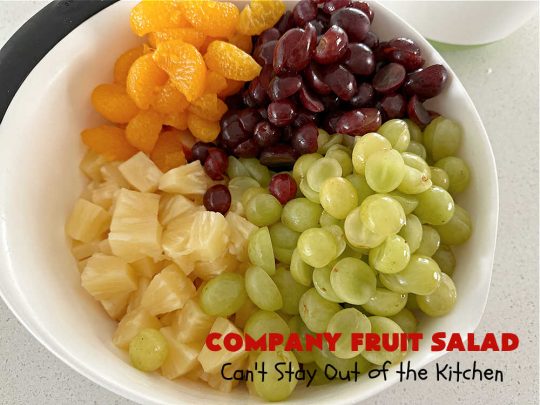 Company Fruit Salad | Can't Stay Out of the Kitchen | This delicious #FruitSalad will rock your world! It's made with #pears, #pineapple, #grapes #MandarinOranges & #apples & uses a very easy #CreamCheese #SaladDressing to mix it all together. It's the perfect #salad for company or #holiday dinners, but simple enough to whip up for everyday meals. Everyone will want seconds! #GlutenFree #CompanyFruitSalad