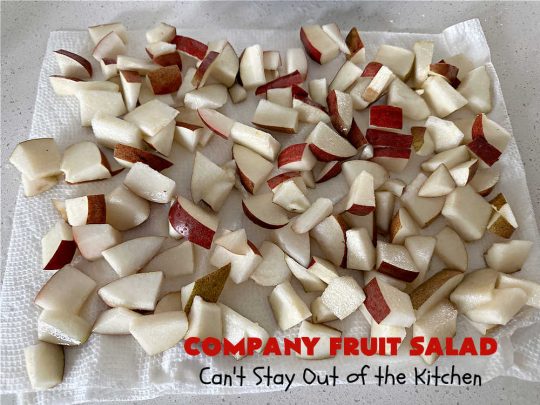 Company Fruit Salad | Can't Stay Out of the Kitchen | This delicious #FruitSalad will rock your world! It's made with #pears, #pineapple, #grapes #MandarinOranges & #apples & uses a very easy #CreamCheese #SaladDressing to mix it all together. It's the perfect #salad for company or #holiday dinners, but simple enough to whip up for everyday meals. Everyone will want seconds! #GlutenFree #CompanyFruitSalad