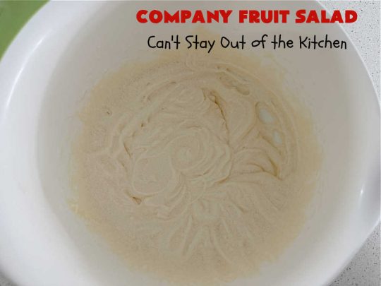 Company Fruit Salad | Can't Stay Out of the Kitchen | This delicious #FruitSalad will rock your world! It's made with #pears, #pineapple, #grapes #MandarinOranges & #apples & uses a very easy #CreamCheese #SaladDressing to mix it all together. It's the perfect #salad for company or #holiday dinners, but simple enough to whip up for everyday meals. Everyone will want seconds! #GlutenFree #CompanyFruitSalad