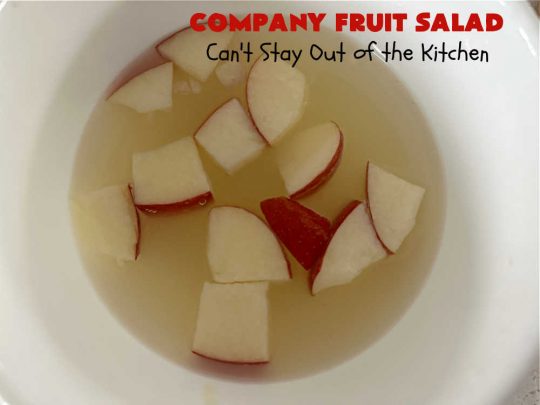 Company Fruit Salad | Can't Stay Out of the Kitchen | This delicious #FruitSalad will rock your world! It's made with #pears, #pineapple, #grapes #MandarinOranges & #apples & uses a very easy #CreamCheese #SaladDressing to mix it all together. It's the perfect #salad for company or #holiday dinners, but simple enough to whip up for everyday meals. Everyone will want seconds! #GlutenFree #CompanyFruitSalad