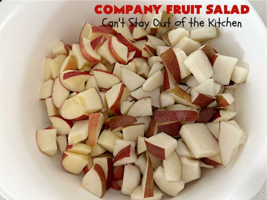 Company Fruit Salad | Can't Stay Out of the Kitchen | This delicious #FruitSalad will rock your world! It's made with #pears, #pineapple, #grapes #MandarinOranges & #apples & uses a very easy #CreamCheese #SaladDressing to mix it all together. It's the perfect #salad for company or #holiday dinners, but simple enough to whip up for everyday meals. Everyone will want seconds! #GlutenFree #CompanyFruitSalad