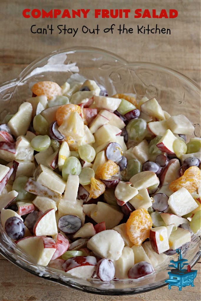 Company Fruit Salad | Can't Stay Out of the Kitchen | This delicious #FruitSalad will rock your world! It's made with #pears, #pineapple, #grapes #MandarinOranges & #apples & uses a very easy #CreamCheese #SaladDressing to mix it all together. It's the perfect #salad for company or #holiday dinners, but simple enough to whip up for everyday meals. Everyone will want seconds! #GlutenFree #CompanyFruitSalad