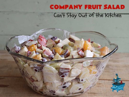 Company Fruit Salad | Can't Stay Out of the Kitchen | This delicious #FruitSalad will rock your world! It's made with #pears, #pineapple, #grapes #MandarinOranges & #apples & uses a very easy #CreamCheese #SaladDressing to mix it all together. It's the perfect #salad for company or #holiday dinners, but simple enough to whip up for everyday meals. Everyone will want seconds! #GlutenFree #CompanyFruitSalad