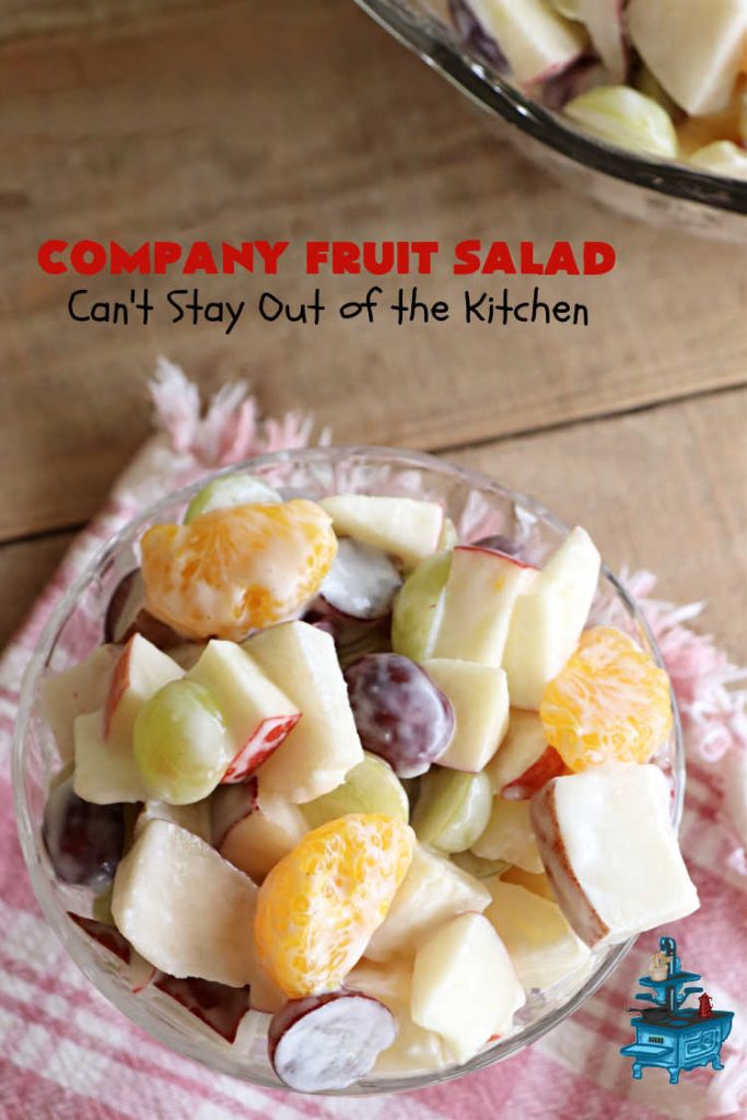 Company Fruit Salad | Can't Stay Out of the Kitchen | This delicious #FruitSalad will rock your world! It's made with #pears, #pineapple, #grapes #MandarinOranges & #apples & uses a very easy #CreamCheese #SaladDressing to mix it all together. It's the perfect #salad for company or #holiday dinners, but simple enough to whip up for everyday meals. Everyone will want seconds! #GlutenFree #CompanyFruitSalad