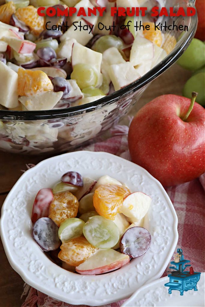 Company Fruit Salad | Can't Stay Out of the Kitchen | This delicious #FruitSalad will rock your world! It's made with #pears, #pineapple, #grapes #MandarinOranges & #apples & uses a very easy #CreamCheese #SaladDressing to mix it all together. It's the perfect #salad for company or #holiday dinners, but simple enough to whip up for everyday meals. Everyone will want seconds! #GlutenFree #CompanyFruitSalad