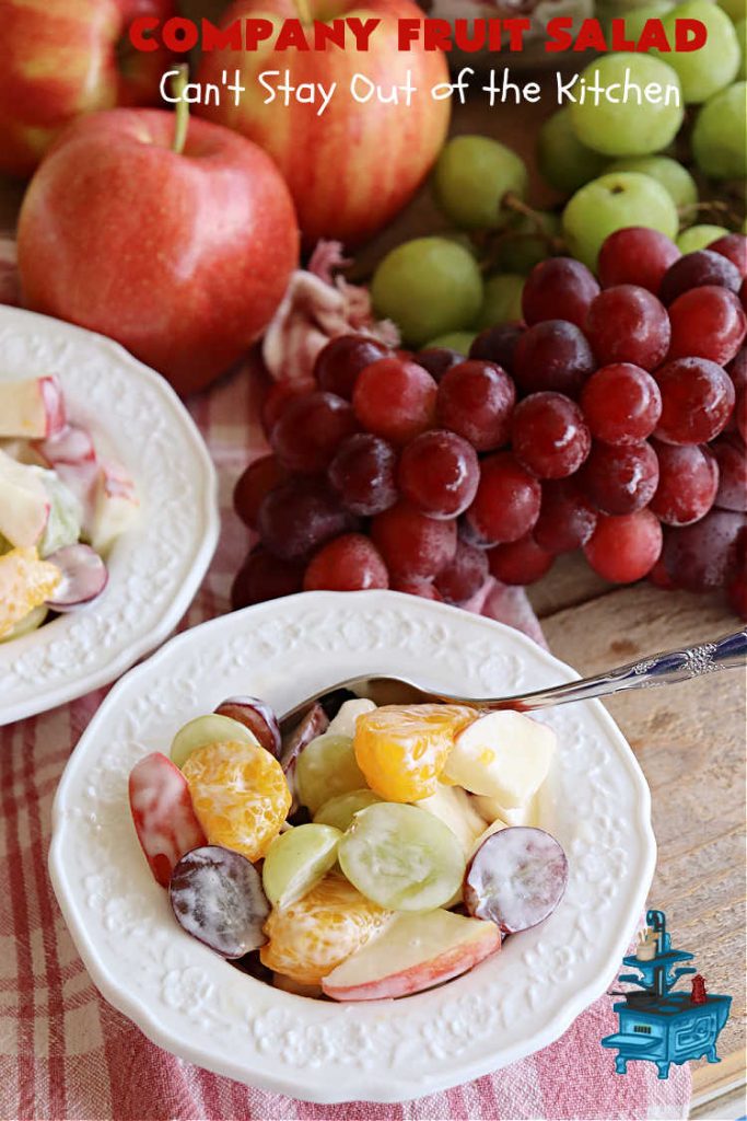 Company Fruit Salad | Can't Stay Out of the Kitchen | This delicious #FruitSalad will rock your world! It's made with #pears, #pineapple, #grapes #MandarinOranges & #apples & uses a very easy #CreamCheese #SaladDressing to mix it all together. It's the perfect #salad for company or #holiday dinners, but simple enough to whip up for everyday meals. Everyone will want seconds! #GlutenFree #CompanyFruitSalad