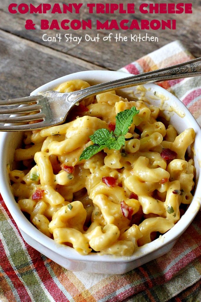 Company Triple Cheese and Bacon Macaroni | Can't Stay Out of the Kitchen | this fantastic #macandcheese #recipe is perfect for company dinners since it's kid-friendly and makes two huge #casseroles. It's loaded with #bacon and three different kinds of #cheese. Terrific #fall comfort food. #cheddarcheese #Velveeta #pasta #macaroniandcheese