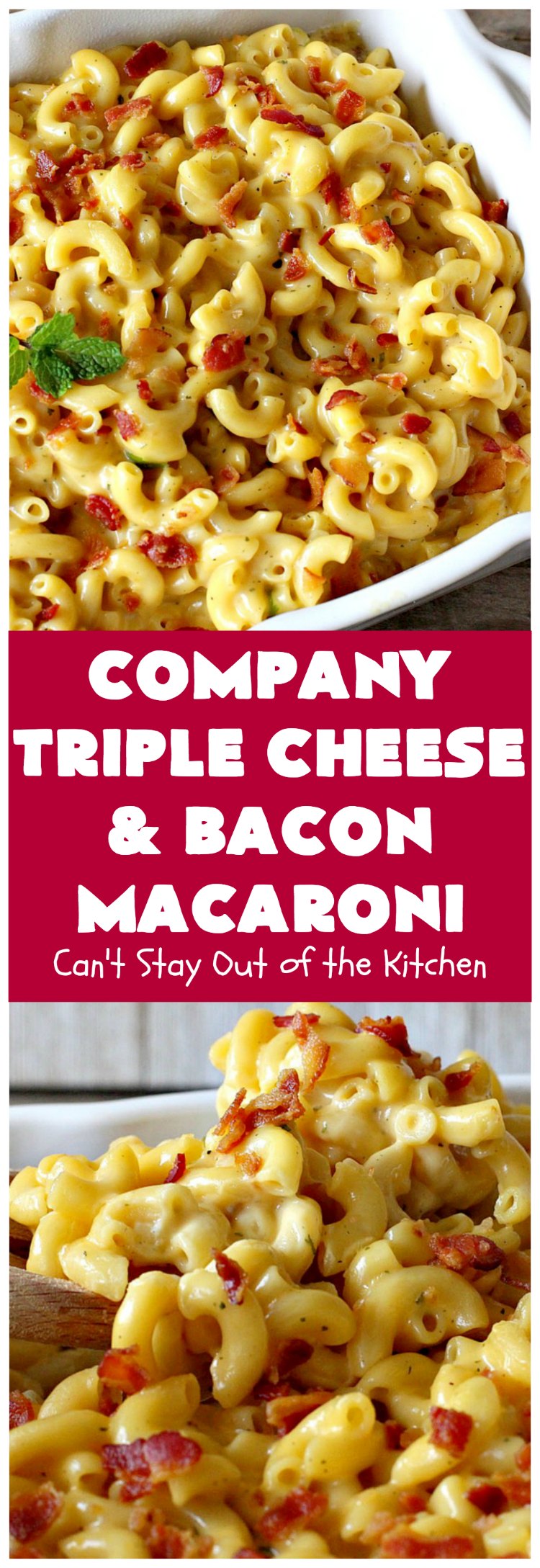 Company Triple Cheese and Bacon Macaroni | Can't Stay Out of the Kitchen | this fantastic #macandcheese #recipe is perfect for company dinners since it's kid-friendly and makes two huge #casseroles. It's loaded with #bacon and three different kinds of #cheese. Terrific #fall comfort food. #cheddarcheese #Velveeta #pasta #macaroniandcheese