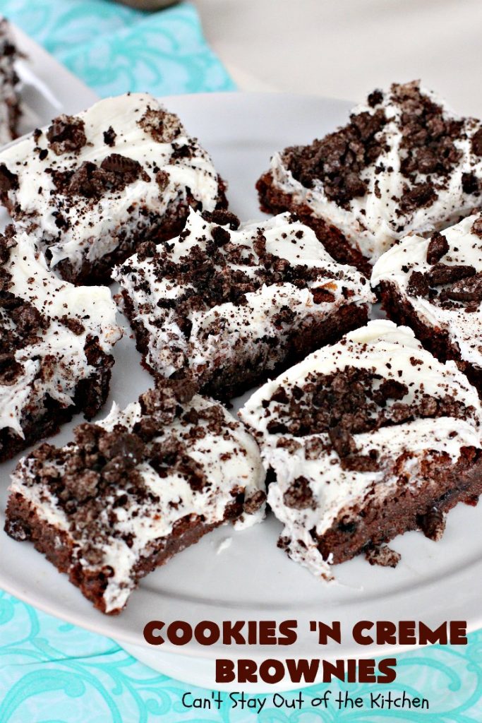 Cookies 'n Creme Brownies | Can't Stay Out of the Kitchen | these heavenly #brownies are rich, decadent & divine! The #brownie layer includes Oreos & vanilla buttercream frosting. Plus there's more frosting on top plus #Oreos. You'll be drooling after the first bite! #Chocolate #ChocolateDessert #OreoDessert #dessert #recipe #5IngredientRecipe #EasyChocolateDessert #EasyOreoDessert #ValentinesDay #ValentinesDayDessert