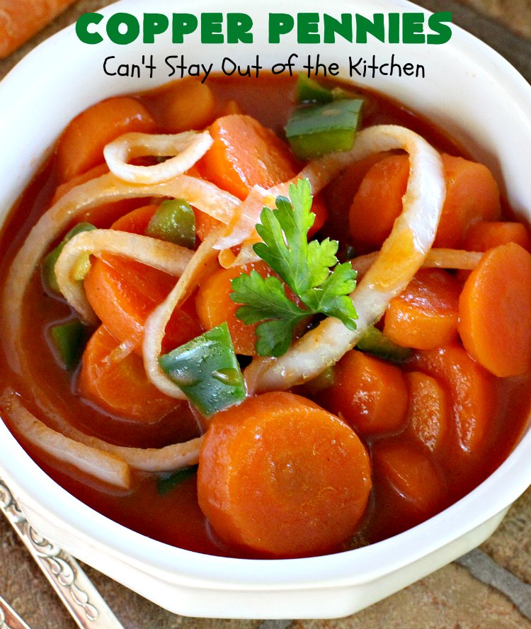 Copper Pennies | Can't Stay Out of the Kitchen | Marinated #Carrots never tasted as well as they do in this wonderful #recipe. It's a quick & easy #SideDish that's terrific for company, #holidays, potlucks or grilling out with friends. #Easter #EasterSideDish #MothersDay #MothersDaySideDish #Holiday #potluck #HolidaySideDish #CopperPennies #MarinatedCarrots