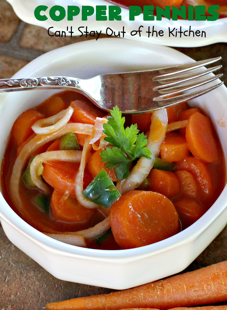 Copper Pennies | Can't Stay Out of the Kitchen | Marinated #Carrots never tasted as well as they do in this wonderful #recipe.  It's a quick & easy #SideDish that's terrific for company, #holidays, potlucks or grilling out with friends. #Easter #EasterSideDish #MothersDay #MothersDaySideDish #Holiday #potluck #HolidaySideDish #CopperPennies #MarinatedCarrots