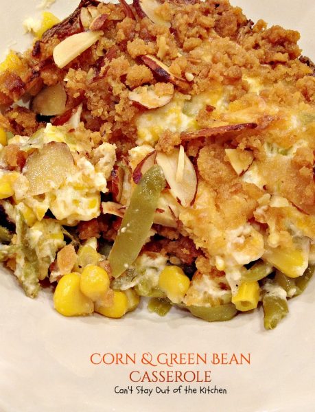 Corn and Green Bean Casserole | Can't Stay Out of the Kitchen | this fabulous #casserole features #corn and #greenbeans with a creamy sauce and an #almond and #RitzCracker topping. Great for #holiday menus.