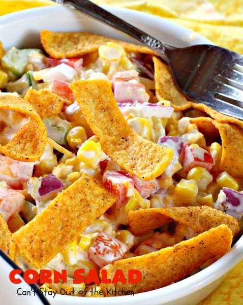 Corn Salad | Can't Stay Out of the Kitchen | This #TexMex #salad is spectacular. You can also serve it as an #appetizer dip with #Fritos scoops. It's perfect for #MemorialDay & other summer #holidays. #glutenfree