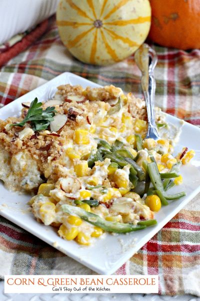 Corn and Green Bean Casserole | Can't Stay Out of the Kitchen | this wonderful #casserole has a creamy, cheesy filling and a crunchy #Ritzcrackers and #almond topping. We get rave reviews every time we serve this. #greenbeans #corn