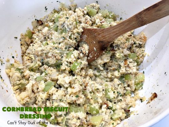 Cornbread Biscuit Dressing | Can't Stay Out of the Kitchen | This fantastic #stuffing #recipe for #turkey is made with #biscuits & #Jiffy #cornbread. Terrific side dish for #Thanksgiving or #Christmas. #TurkeyDressing #TurkeyStuffing #CornbreadBiscuitDressing #GooseberryPatch