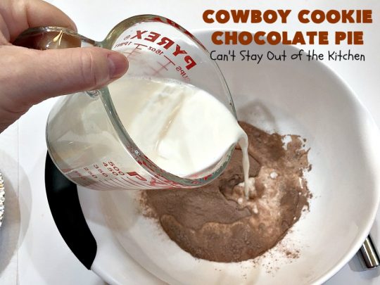 Cowboy Cookie Chocolate Pie | Can't Stay Out of the Kitchen | this luscious & creamy #chocolate #pie is made with #CowboyCookies! Each #cookie contains #pecans #ChocolateChips & #oatmeal. Great #dessert pie for company or #holidays. #CowboyCookieChocolatePie #ChocolateDessert
