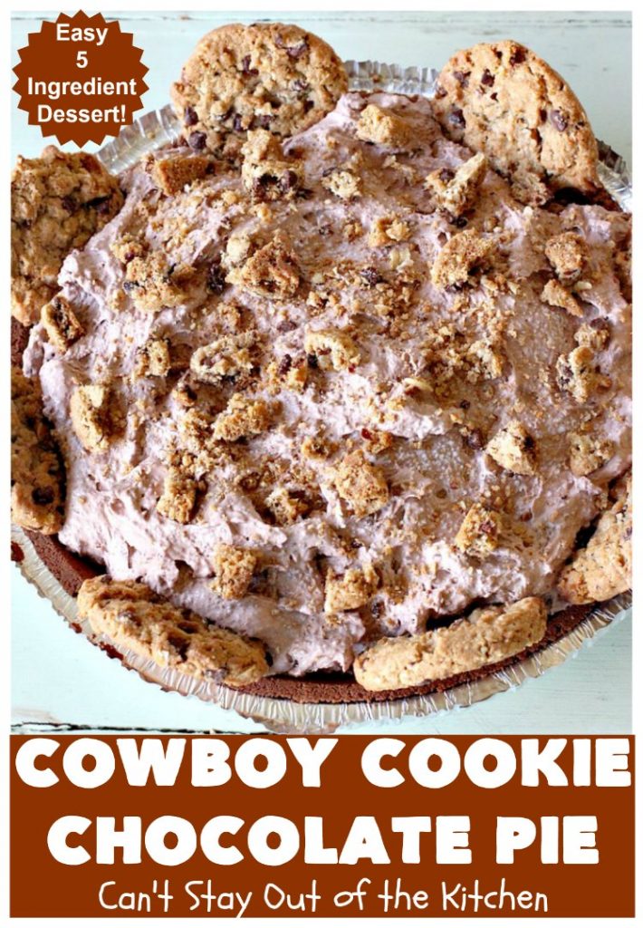 Cowboy Cookie Chocolate Pie | Can't Stay Out of the Kitchen | this luscious & creamy #chocolate #pie is made with #CowboyCookies! Each #cookie contains #pecans #ChocolateChips & #oatmeal. Great #dessert pie for company or #holidays. #CowboyCookieChocolatePie #ChocolateDessert