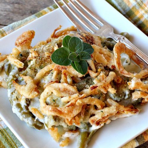 Cracked Out Green Bean Casserole | Can't Stay Out of the Kitchen | you'll never go back to eating classic #GreenBeanCasserole after a bite of this! #RanchDressing makes all the difference. Plus this is a made from scratch recipe without canned soups. Perfect for #holiday menus like #Christmas, #Easter or #Thanksgiving. #Greenbeans #casserole #FrenchFriedOnions