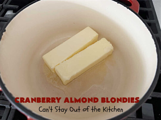 Cranberry Almond Blondies | Can't Stay Out of the Kitchen | these lovely #brownies simply explode with flavor. #AlmondExtract & #almonds in the #brownie & the #icing make them sing! #BrownedButter, #bananas, #DriedCranberries & #VanillaChips sweeten up the #blondies so they're rich, decadent & irresistible. Perfect for #holiday parties, #tailgating & #potlucks. #CranberryAlmondBlondies
