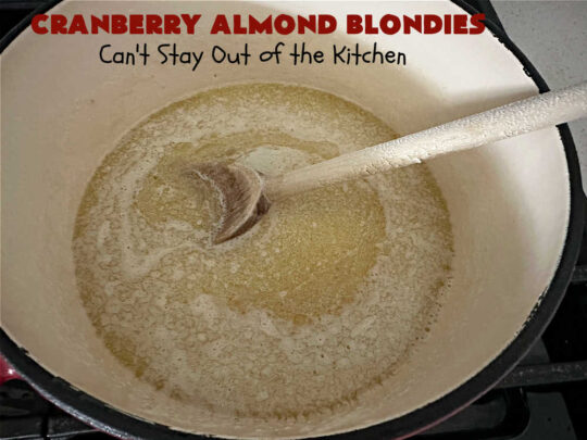 Cranberry Almond Blondies | Can't Stay Out of the Kitchen | these lovely #brownies simply explode with flavor. #AlmondExtract & #almonds in the #brownie & the #icing make them sing! #BrownedButter, #bananas, #DriedCranberries & #VanillaChips sweeten up the #blondies so they're rich, decadent & irresistible. Perfect for #holiday parties, #tailgating & #potlucks. #CranberryAlmondBlondies