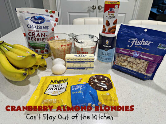 Cranberry Almond Blondies | Can't Stay Out of the Kitchen | these lovely #brownies simply explode with flavor. #AlmondExtract & #almonds in the #brownie & the #icing make them sing! #BrownedButter, #bananas, #DriedCranberries & #VanillaChips sweeten up the #blondies so they're rich, decadent & irresistible. Perfect for #holiday parties, #tailgating & #potlucks. #CranberryAlmondBlondies