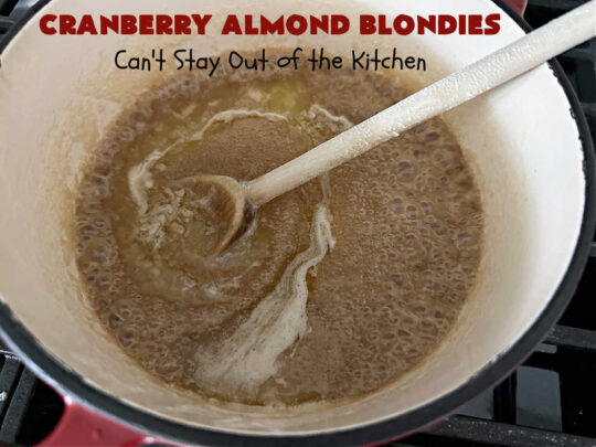 Cranberry Almond Blondies | Can't Stay Out of the Kitchen | these lovely #brownies simply explode with flavor. #AlmondExtract & #almonds in the #brownie & the #icing make them sing! #BrownedButter, #bananas, #DriedCranberries & #VanillaChips sweeten up the #blondies so they're rich, decadent & irresistible. Perfect for #holiday parties, #tailgating & #potlucks. #CranberryAlmondBlondies