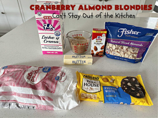 Cranberry Almond Blondies | Can't Stay Out of the Kitchen | these lovely #brownies simply explode with flavor. #AlmondExtract & #almonds in the #brownie & the #icing make them sing! #BrownedButter, #bananas, #DriedCranberries & #VanillaChips sweeten up the #blondies so they're rich, decadent & irresistible. Perfect for #holiday parties, #tailgating & #potlucks. #CranberryAlmondBlondies
