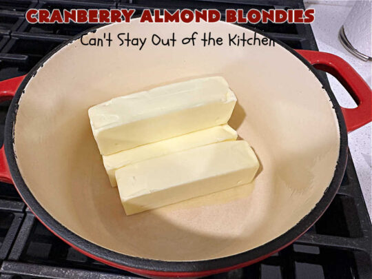 Cranberry Almond Blondies | Can't Stay Out of the Kitchen | these lovely #brownies simply explode with flavor. #AlmondExtract & #almonds in the #brownie & the #icing make them sing! #BrownedButter, #bananas, #DriedCranberries & #VanillaChips sweeten up the #blondies so they're rich, decadent & irresistible. Perfect for #holiday parties, #tailgating & #potlucks. #CranberryAlmondBlondies