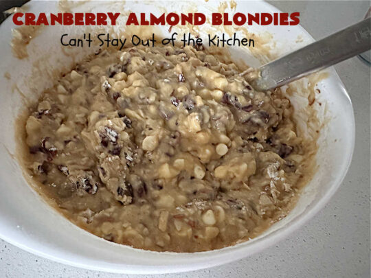 Cranberry Almond Blondies | Can't Stay Out of the Kitchen | these lovely #brownies simply explode with flavor. #AlmondExtract & #almonds in the #brownie & the #icing make them sing! #BrownedButter, #bananas, #DriedCranberries & #VanillaChips sweeten up the #blondies so they're rich, decadent & irresistible. Perfect for #holiday parties, #tailgating & #potlucks. #CranberryAlmondBlondies