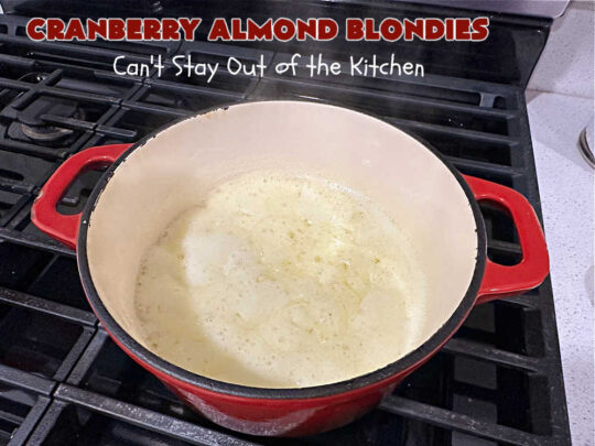 Cranberry Almond Blondies | Can't Stay Out of the Kitchen | these lovely #brownies simply explode with flavor. #AlmondExtract & #almonds in the #brownie & the #icing make them sing! #BrownedButter, #bananas, #DriedCranberries & #VanillaChips sweeten up the #blondies so they're rich, decadent & irresistible. Perfect for #holiday parties, #tailgating & #potlucks. #CranberryAlmondBlondies