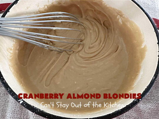 Cranberry Almond Blondies | Can't Stay Out of the Kitchen | these lovely #brownies simply explode with flavor. #AlmondExtract & #almonds in the #brownie & the #icing make them sing! #BrownedButter, #bananas, #DriedCranberries & #VanillaChips sweeten up the #blondies so they're rich, decadent & irresistible. Perfect for #holiday parties, #tailgating & #potlucks. #CranberryAlmondBlondies