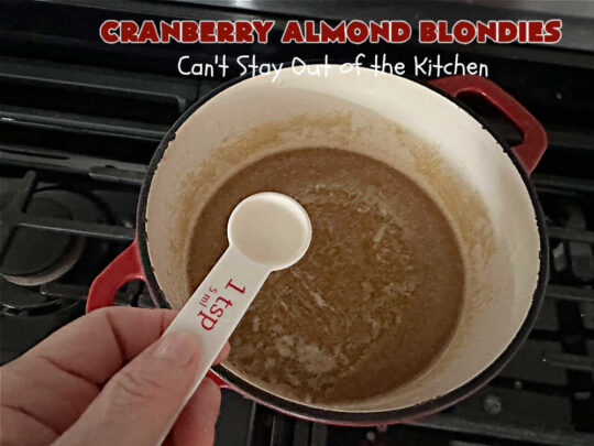 Cranberry Almond Blondies | Can't Stay Out of the Kitchen | these lovely #brownies simply explode with flavor. #AlmondExtract & #almonds in the #brownie & the #icing make them sing! #BrownedButter, #bananas, #DriedCranberries & #VanillaChips sweeten up the #blondies so they're rich, decadent & irresistible. Perfect for #holiday parties, #tailgating & #potlucks. #CranberryAlmondBlondies