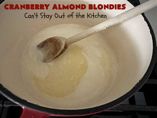 Cranberry Almond Blondies | Can't Stay Out of the Kitchen | these lovely #brownies simply explode with flavor. #AlmondExtract & #almonds in the #brownie & the #icing make them sing! #BrownedButter, #bananas, #DriedCranberries & #VanillaChips sweeten up the #blondies so they're rich, decadent & irresistible. Perfect for #holiday parties, #tailgating & #potlucks. #CranberryAlmondBlondies