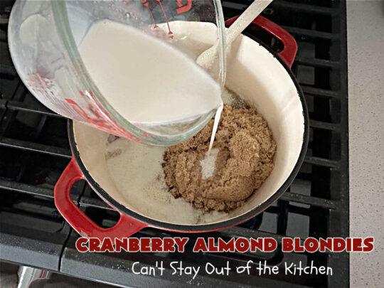 Cranberry Almond Blondies | Can't Stay Out of the Kitchen | these lovely #brownies simply explode with flavor. #AlmondExtract & #almonds in the #brownie & the #icing make them sing! #BrownedButter, #bananas, #DriedCranberries & #VanillaChips sweeten up the #blondies so they're rich, decadent & irresistible. Perfect for #holiday parties, #tailgating & #potlucks. #CranberryAlmondBlondies