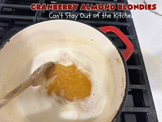 Cranberry Almond Blondies | Can't Stay Out of the Kitchen | these lovely #brownies simply explode with flavor. #AlmondExtract & #almonds in the #brownie & the #icing make them sing! #BrownedButter, #bananas, #DriedCranberries & #VanillaChips sweeten up the #blondies so they're rich, decadent & irresistible. Perfect for #holiday parties, #tailgating & #potlucks. #CranberryAlmondBlondies