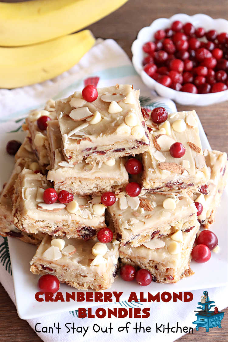 Cranberry Almond Blondies | Can't Stay Out of the Kitchen | these lovely #brownies simply explode with flavor. #AlmondExtract & #almonds in the #brownie & the #icing make them sing! #BrownedButter, #bananas, #DriedCranberries & #VanillaChips sweeten up the #blondies so they're rich, decadent & irresistible. Perfect for #holiday parties, #tailgating & #potlucks. #CranberryAlmondBlondies