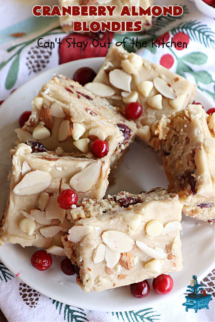 Cranberry Almond Blondies | Can't Stay Out of the Kitchen | these lovely #brownies simply explode with flavor. #AlmondExtract & #almonds in the #brownie & the #icing make them sing! #BrownedButter, #bananas, #DriedCranberries & #VanillaChips sweeten up the #blondies so they're rich, decadent & irresistible. Perfect for #holiday parties, #tailgating & #potlucks. #CranberryAlmondBlondies