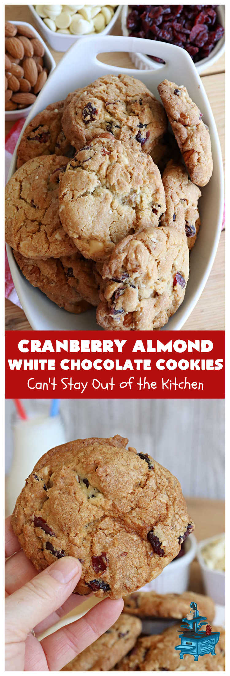 Cranberry Almond White Chocolate Cookies | Can't Stay Out of the Kitchen | these delectable #cookies start from a favorite #ChocolateChipCookie #recipe but use #WhiteChocolateChips, #almonds & dried #cranberries. They're perfect for #holiday parties, potlucks, #tailgating & entertaining of any kind. #chocolate #WhiteChocolate #craisins #dessert #CranberryDessert #ChocolateDessert #AlmondDessert #HolidayDessert #ChristmasCookieExchange #CranberryAlmondWhiteChocolateCookies