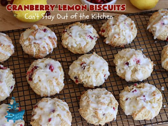 Cranberry Lemon Biscuits | Can't Stay Out of the Kitchen | these delicious sweet #biscuits are terrific for a #Thanksgiving or #Christmas #holiday #breakfast or #brunch menu. They're filled with fresh #cranberries, #LemonZest & #LemonYogurt. The #icing includes #LemonJuice & #Lemon zest. If you enjoy a sweet treat with your morning #coffee, #CranberryLemonBiscuits are the perfect accompaniment.