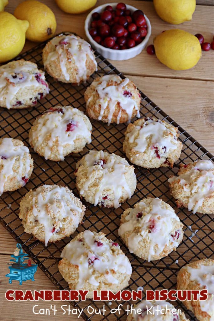 Cranberry Lemon Biscuits | Can't Stay Out of the Kitchen | these delicious sweet #biscuits are terrific for a #Thanksgiving or #Christmas #holiday #breakfast or #brunch menu. They're filled with fresh #cranberries, #LemonZest & #LemonYogurt. The #icing includes #LemonJuice & #Lemon zest. If you enjoy a sweet treat with your morning #coffee, #CranberryLemonBiscuits are the perfect accompaniment.