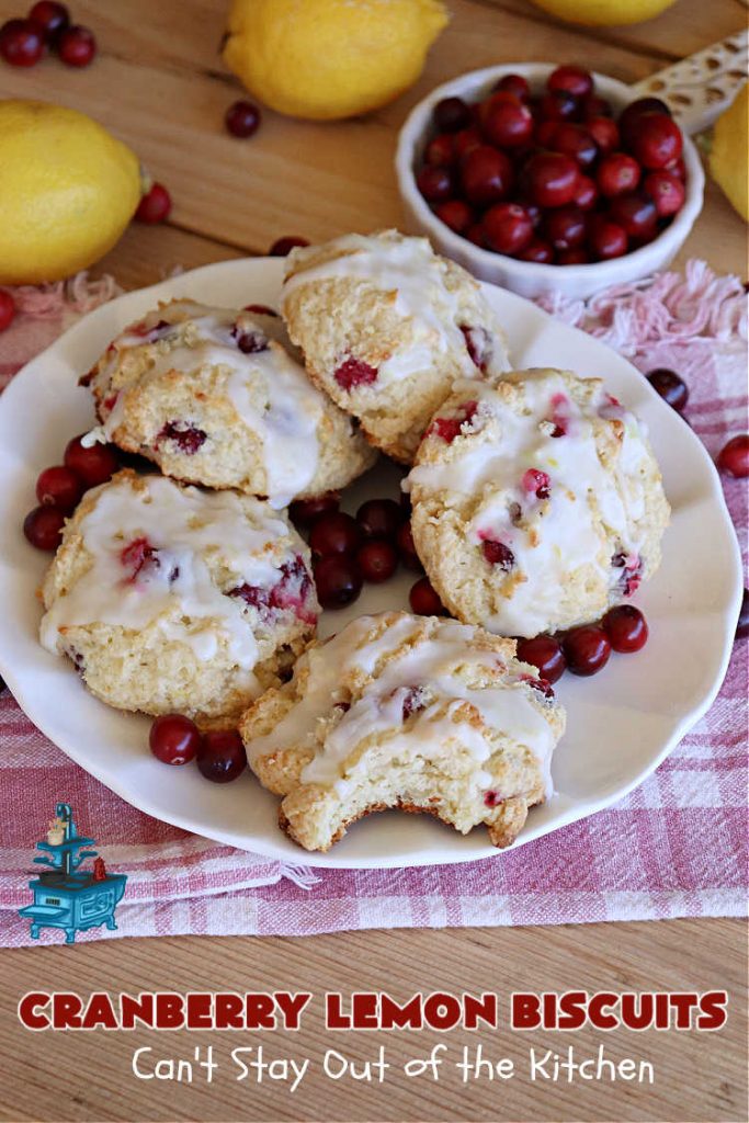 Cranberry Lemon Biscuits | Can't Stay Out of the Kitchen | these delicious sweet #biscuits are terrific for a #Thanksgiving or #Christmas #holiday #breakfast or #brunch menu. They're filled with fresh #cranberries, #LemonZest & #LemonYogurt. The #icing includes #LemonJuice & #Lemon zest. If you enjoy a sweet treat with your morning #coffee, #CranberryLemonBiscuits are the perfect accompaniment.