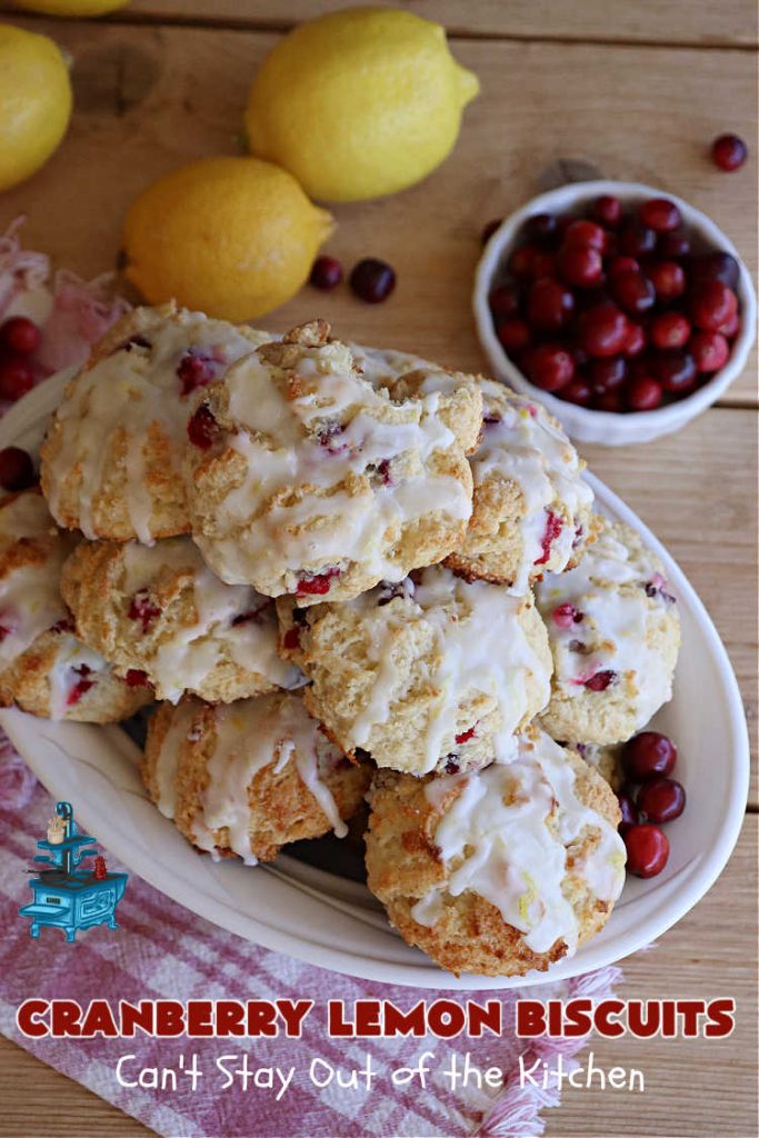 Cranberry Lemon Biscuits | Can't Stay Out of the Kitchen | these delicious sweet #biscuits are terrific for a #Thanksgiving or #Christmas #holiday #breakfast or #brunch menu. They're filled with fresh #cranberries, #LemonZest & #LemonYogurt. The #icing includes #LemonJuice & #Lemon zest. If you enjoy a sweet treat with your morning #coffee, #CranberryLemonBiscuits are the perfect accompaniment.